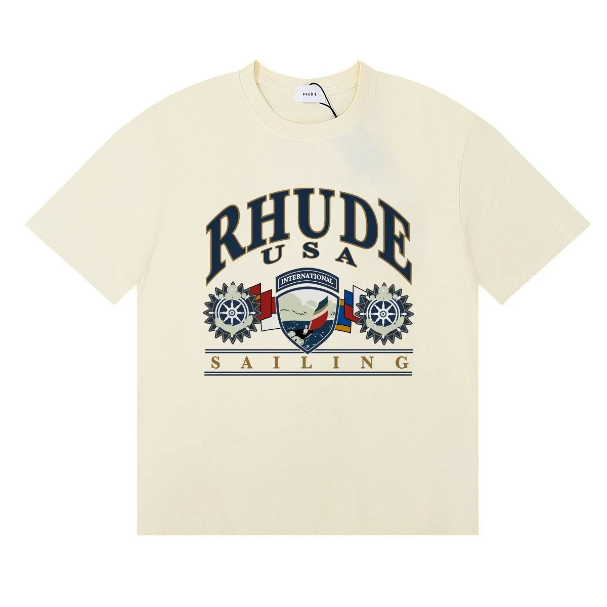 Rhude USA Sailing Nautical Crest Cream Oversized Short Sleeve T‑Shirt