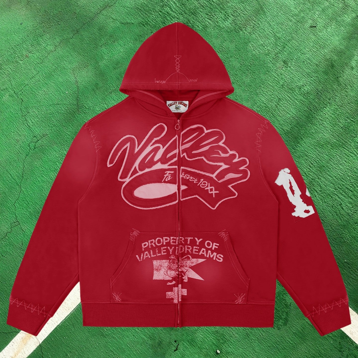 Vale Forever Contrast Stitch Full-Zip Hoodie (Washed Red / Property of Vale Forever)